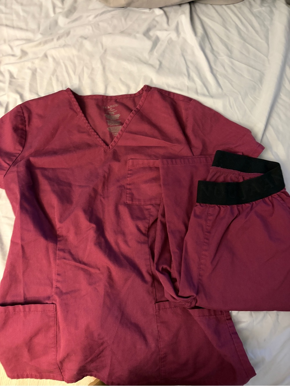 Jaanuu Burgundy Two-Piece Scrub Set with Black Waistband